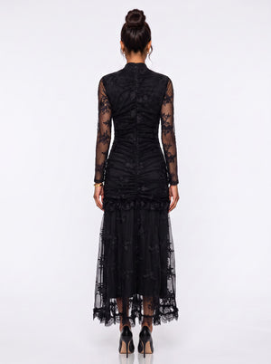 Long Black Lace and Ruffle Detail Dress with Stone Accessories