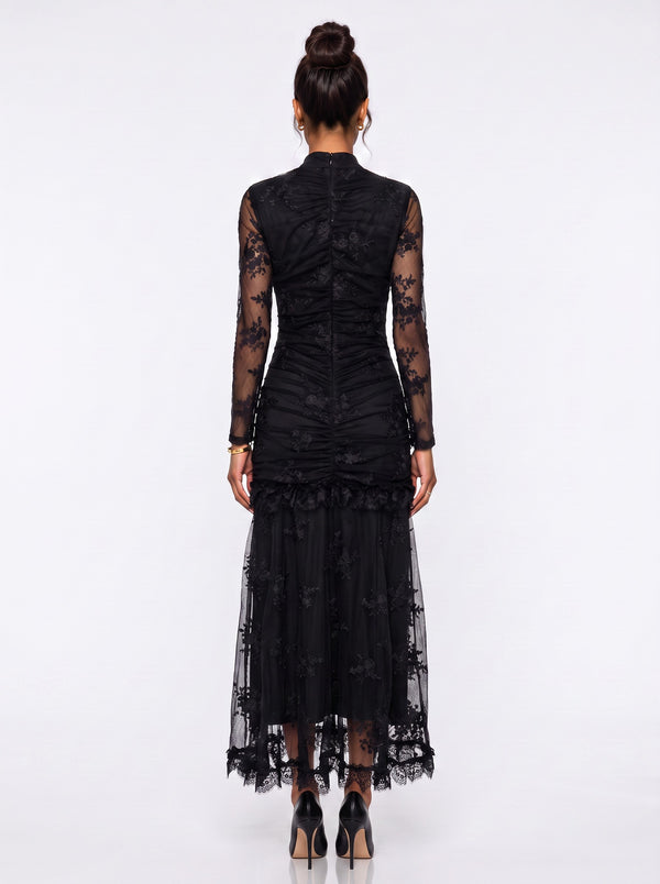 Long Black Lace and Ruffle Detail Dress with Stone Accessories