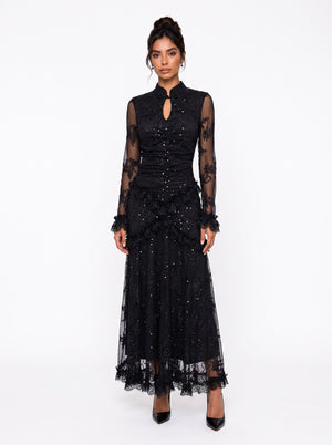 Long Black Lace and Ruffle Detail Dress with Stone Accessories