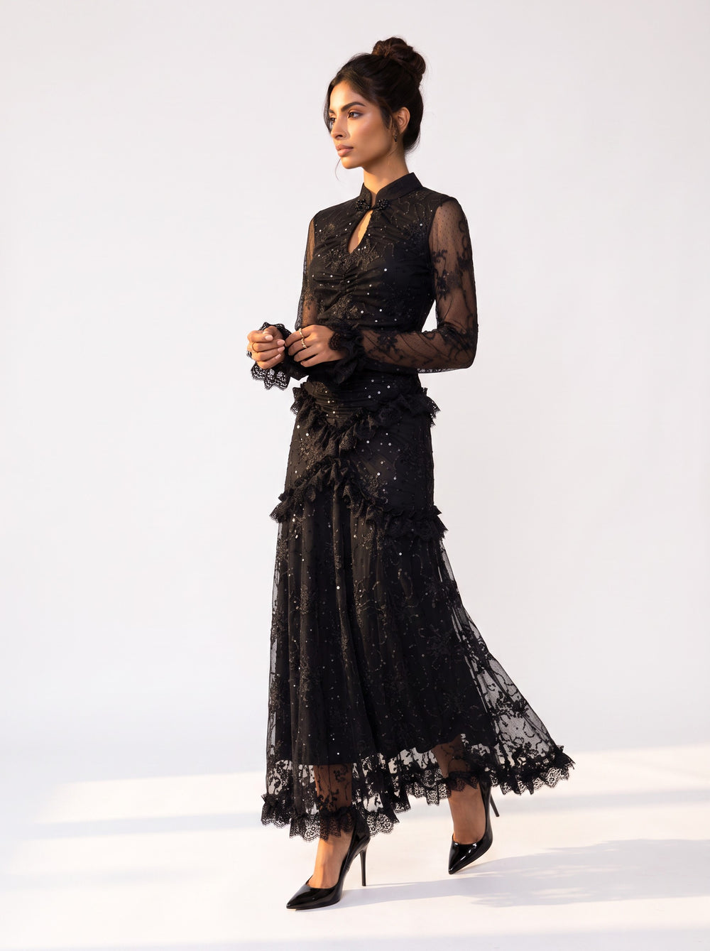 Long Black Lace and Ruffle Detail Dress with Stone Accessories