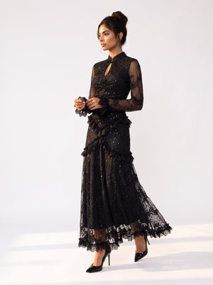 Long Black Lace and Ruffle Detail Dress with Stone Accessories