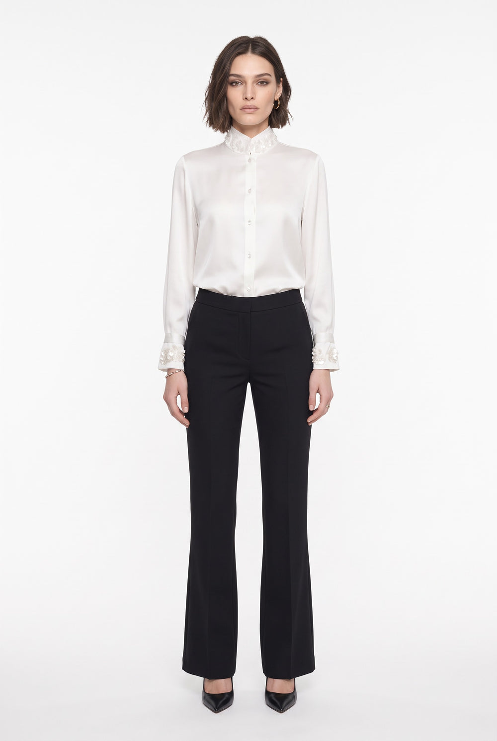 Ecru Mandarin Collar Shirt with Sequin Embellishment
