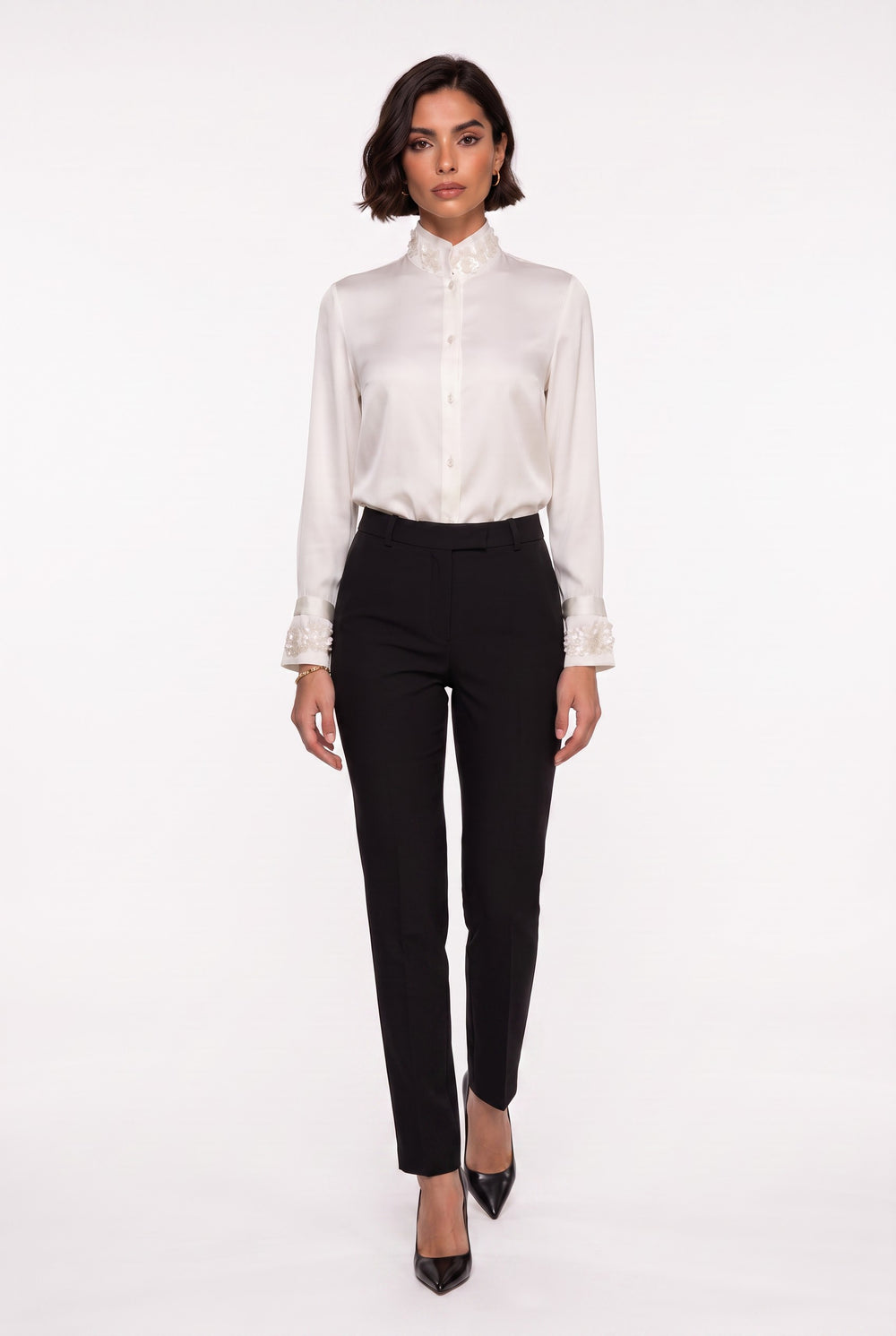 Ecru Mandarin Collar Shirt with Sequin Embellishment