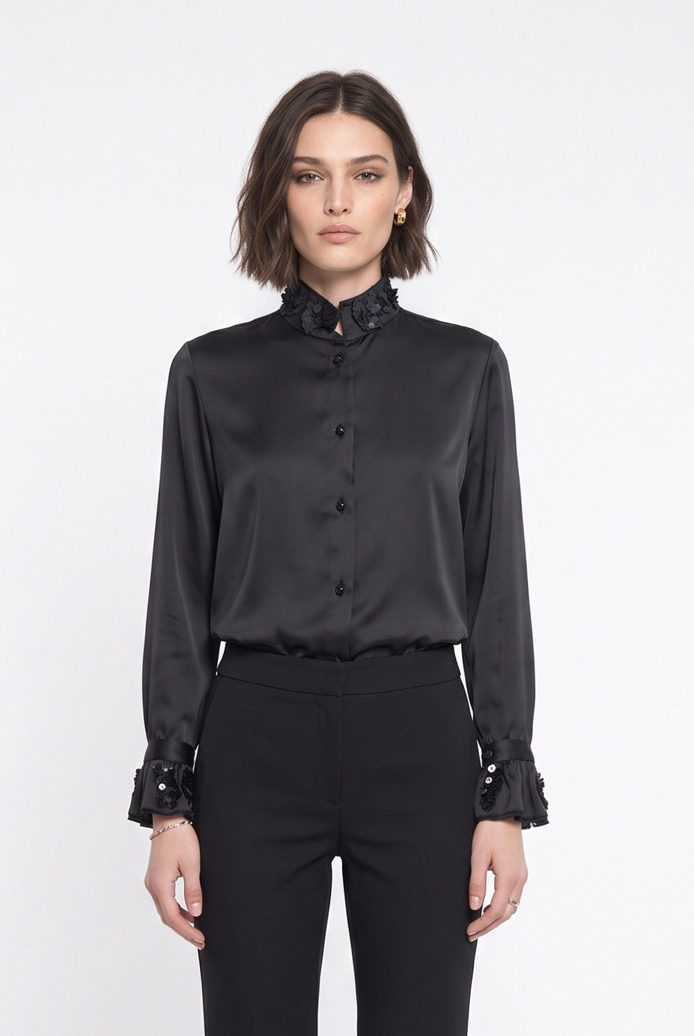 Sequin Embellished Mandarin Collar Shirt Black