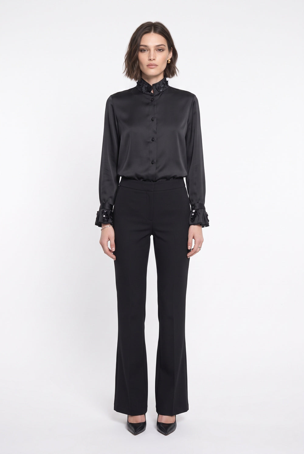 Sequin Embellished Mandarin Collar Shirt Black