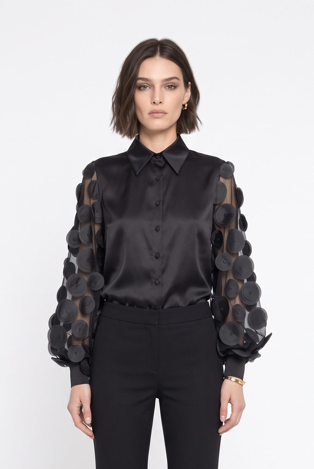 Black Satin Shirt with Three-Dimensional Appliqué Sleeve Detail
