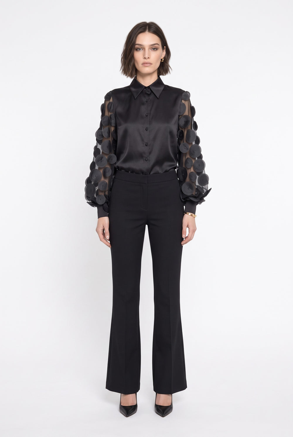 Black Satin Shirt with Three-Dimensional Appliqué Sleeve Detail
