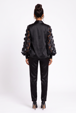 Black Satin Shirt with Three-Dimensional Appliqué Sleeve Detail