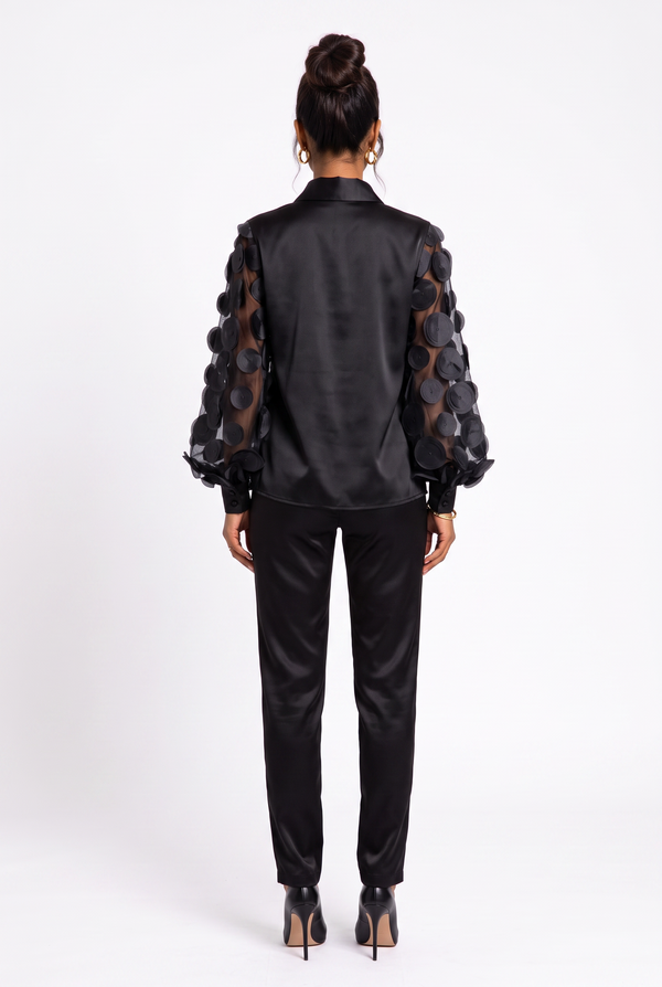 Black Satin Shirt with Three-Dimensional Appliqué Sleeve Detail