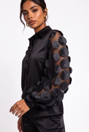 Black Satin Shirt with Three-Dimensional Appliqué Sleeve Detail