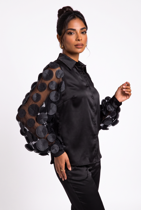 Black Satin Shirt with Three-Dimensional Appliqué Sleeve Detail
