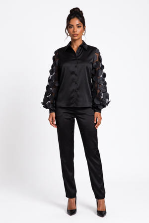 Black Satin Shirt with Three-Dimensional Appliqué Sleeve Detail