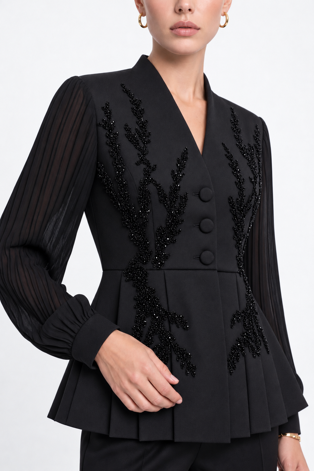 İşlemeli Peplum Ceketli Pantolon Takım Siyah