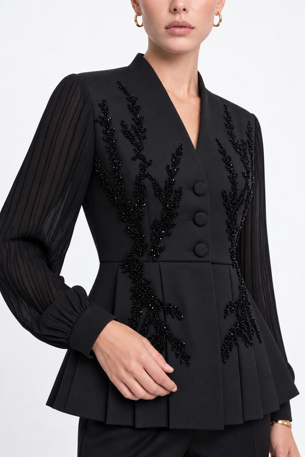 İşlemeli Peplum Ceketli Pantolon Takım Siyah