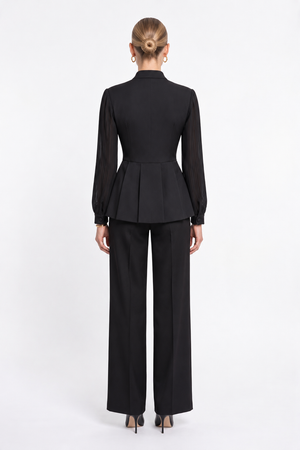 İşlemeli Peplum Ceketli Pantolon Takım Siyah