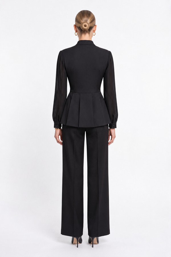 İşlemeli Peplum Ceketli Pantolon Takım Siyah