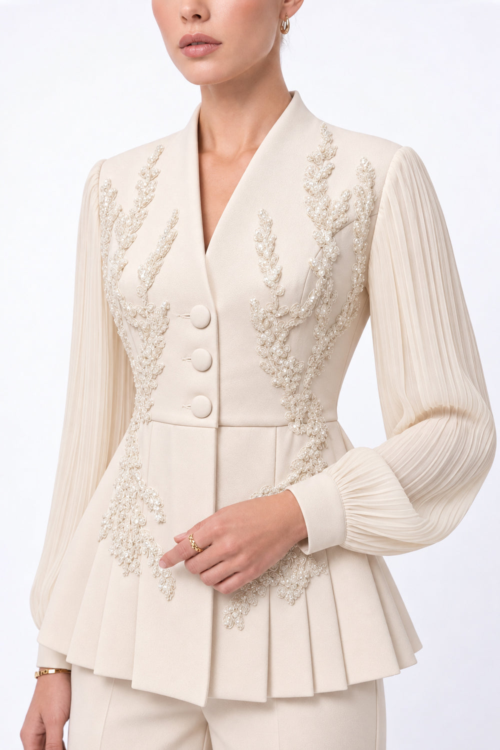 İşlemeli Peplum Ceketli Pantolon Takım Tereyağ