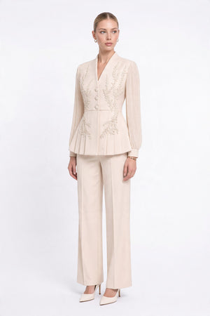 İşlemeli Peplum Ceketli Pantolon Takım Tereyağ