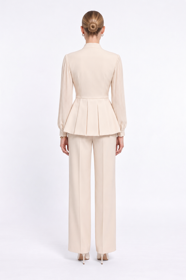 İşlemeli Peplum Ceketli Pantolon Takım Tereyağ