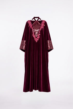 Kadife Payet İşlemeli Kaftan Elbise Bordo