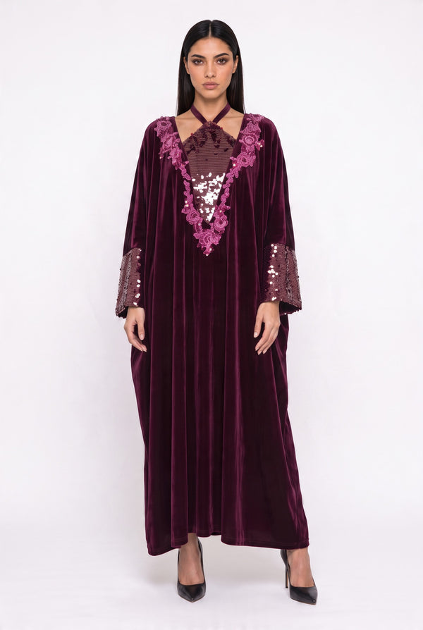 Kadife Payet İşlemeli Kaftan Elbise Bordo