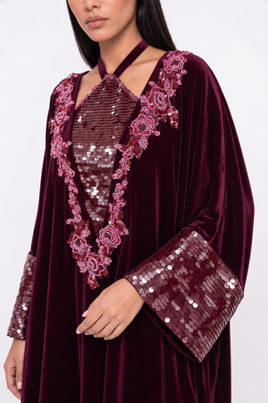 Kadife Payet İşlemeli Kaftan Elbise Bordo