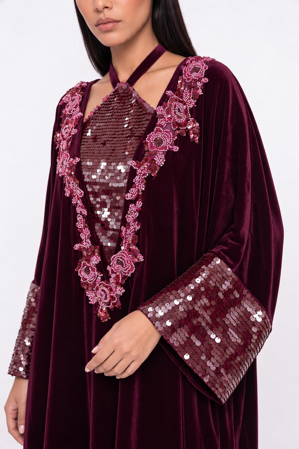 Kadife Payet İşlemeli Kaftan Elbise Bordo