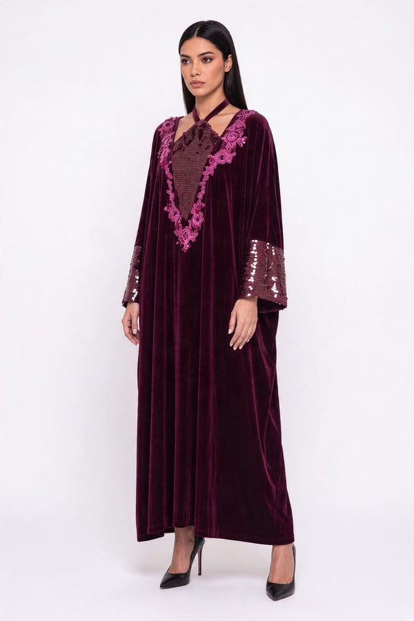Kadife Payet İşlemeli Kaftan Elbise Bordo