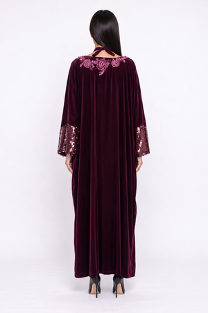 Kadife Payet İşlemeli Kaftan Elbise Bordo