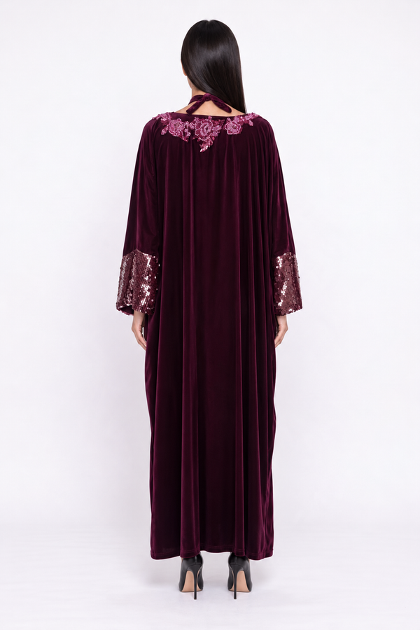 Kadife Payet İşlemeli Kaftan Elbise Bordo