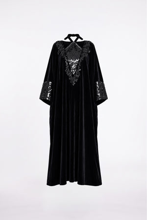 Kadife Payet İşlemeli Kaftan Elbise Siyah