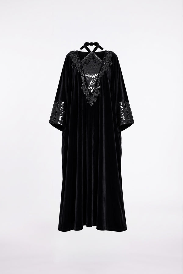 Kadife Payet İşlemeli Kaftan Elbise Siyah