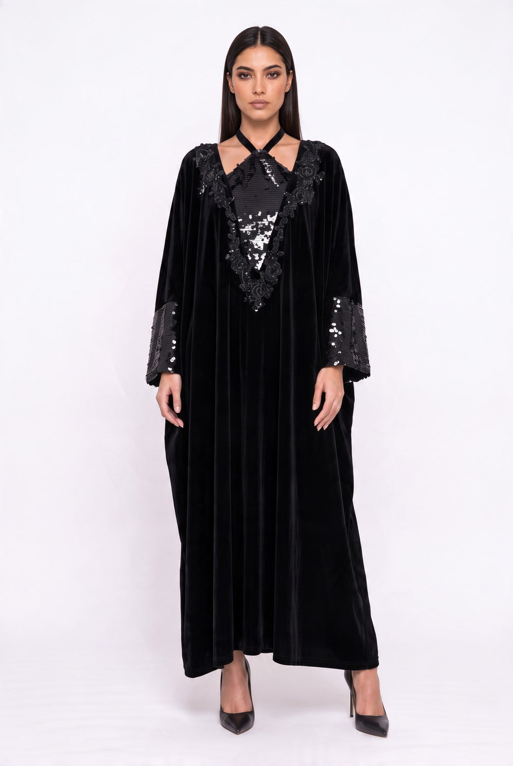 Kadife Payet İşlemeli Kaftan Elbise Siyah