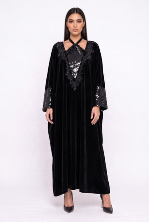 Kadife Payet İşlemeli Kaftan Elbise Siyah