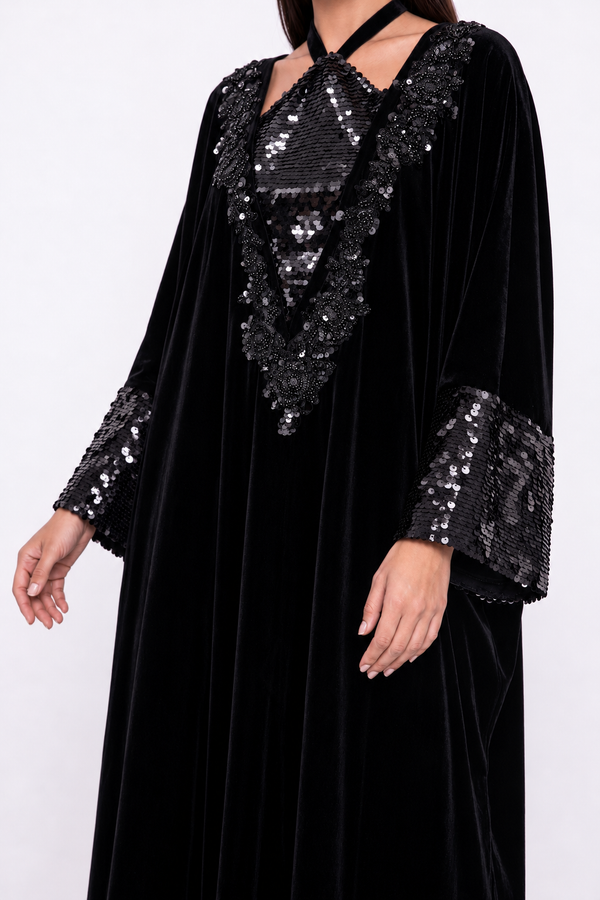 Kadife Payet İşlemeli Kaftan Elbise Siyah