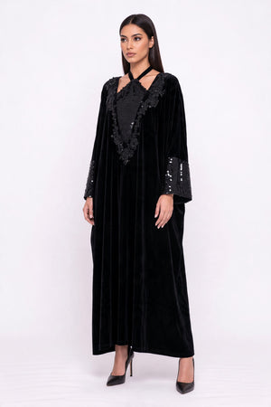 Kadife Payet İşlemeli Kaftan Elbise Siyah