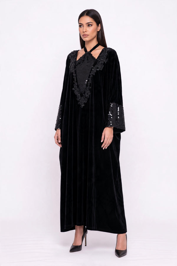 Kadife Payet İşlemeli Kaftan Elbise Siyah