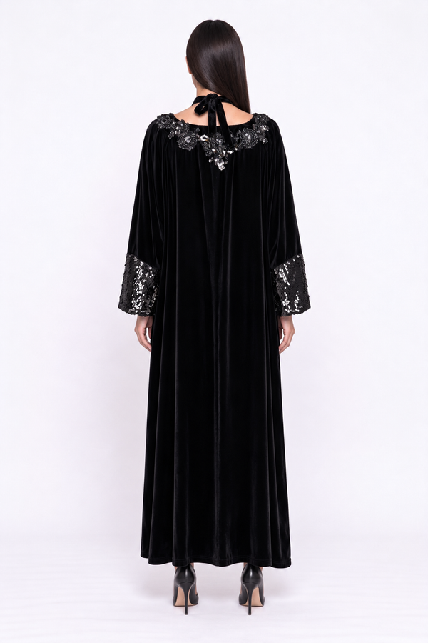 Kadife Payet İşlemeli Kaftan Elbise Siyah