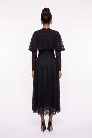 Women's V-Neck Long Lace Evening Dress with Cape Detail on Shoulders, Black