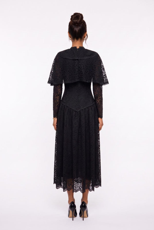 Women's V-Neck Long Lace Evening Dress with Cape Detail on Shoulders, Black