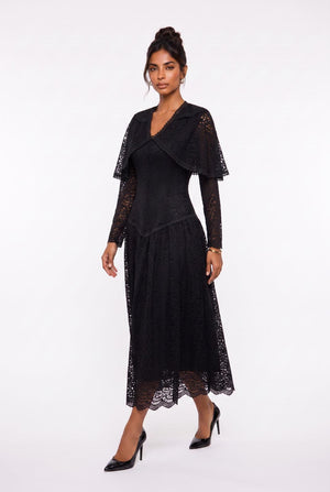 Women's V-Neck Long Lace Evening Dress with Cape Detail on Shoulders, Black