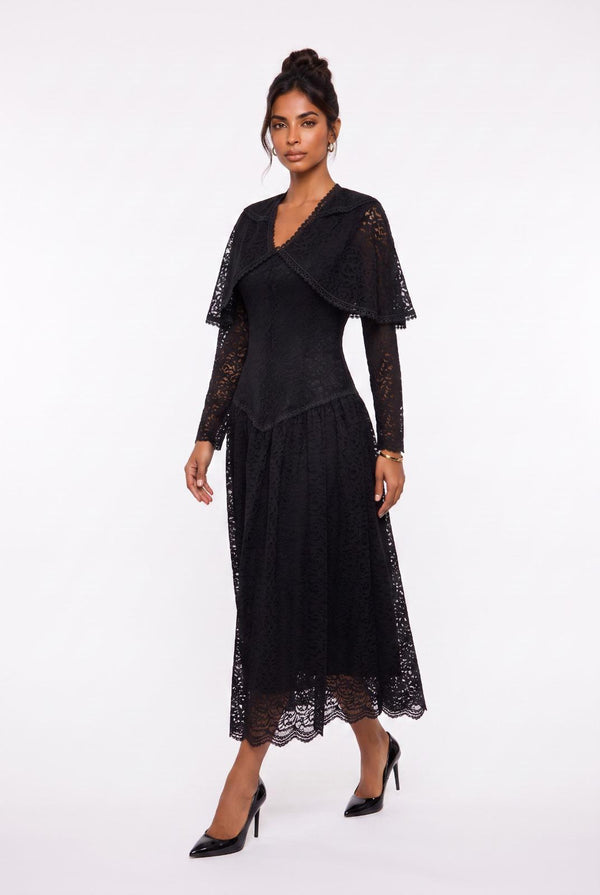 Women's V-Neck Long Lace Evening Dress with Cape Detail on Shoulders, Black