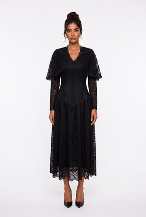 Women's V-Neck Long Lace Evening Dress with Cape Detail on Shoulders, Black
