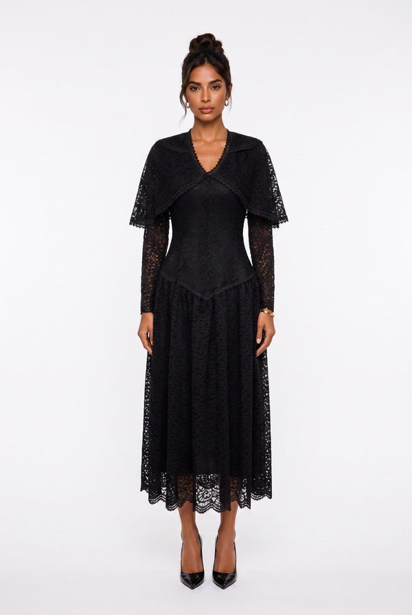 Women's V-Neck Long Lace Evening Dress with Cape Detail on Shoulders, Black