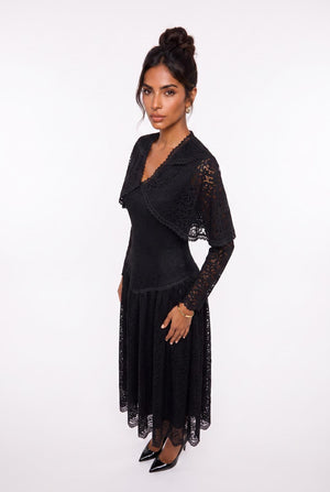Women's V-Neck Long Lace Evening Dress with Cape Detail on Shoulders, Black