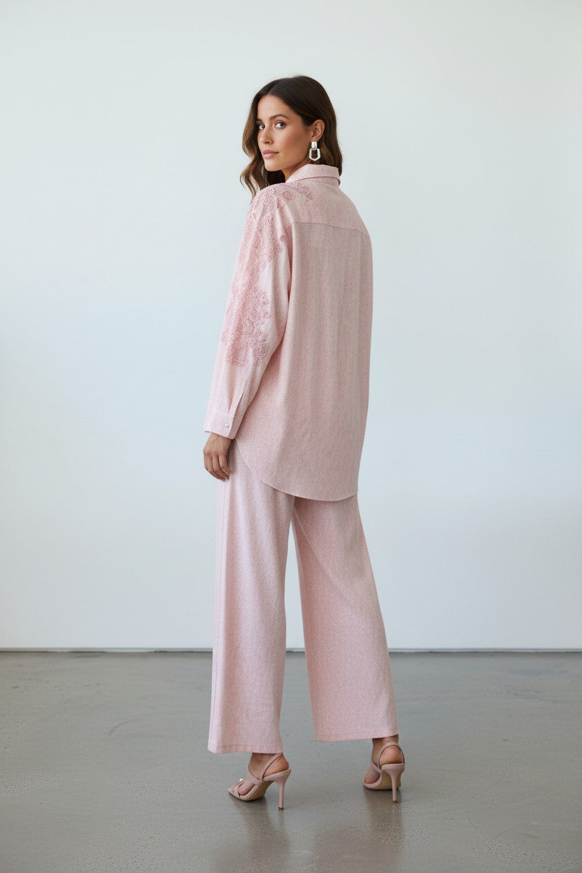 Dokulu Gömlek & Pantolon Takım Pembe