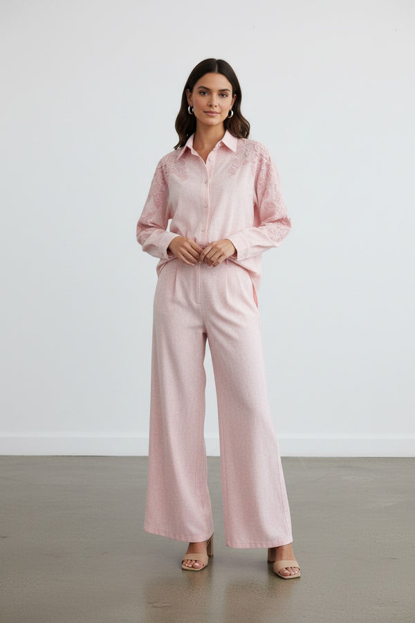 Dokulu Gömlek & Pantolon Takım Pembe
