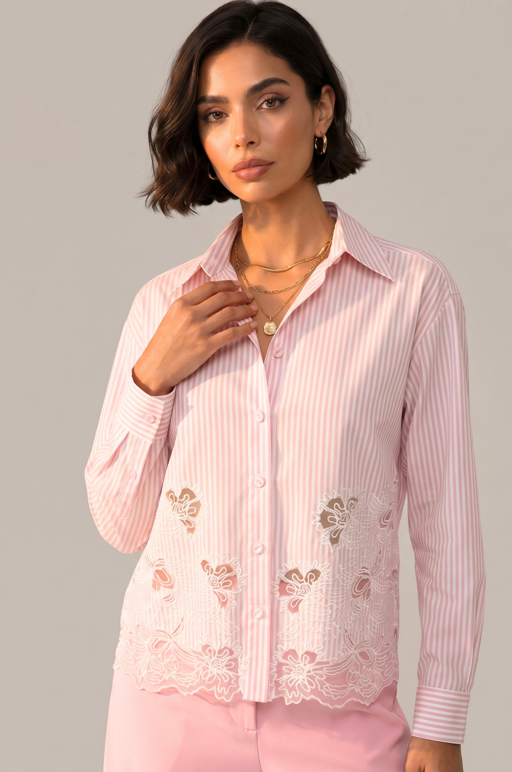 Çizgili Güpür Dantel Detaylı Bluz Pembe