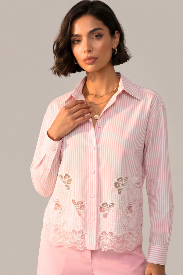 Çizgili Güpür Dantel Detaylı Bluz Pembe
