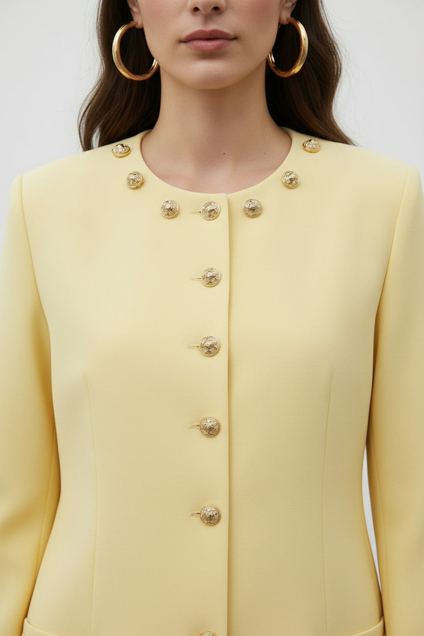 Gold Düğmeli Blazer & Bol Paça Pantolon Takım Sarı